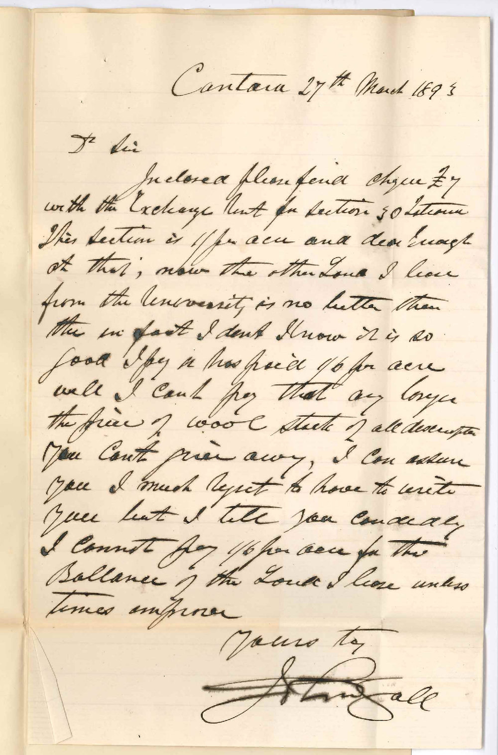 John Gall - Cantara - Concerning Rent of Land at Tatiara