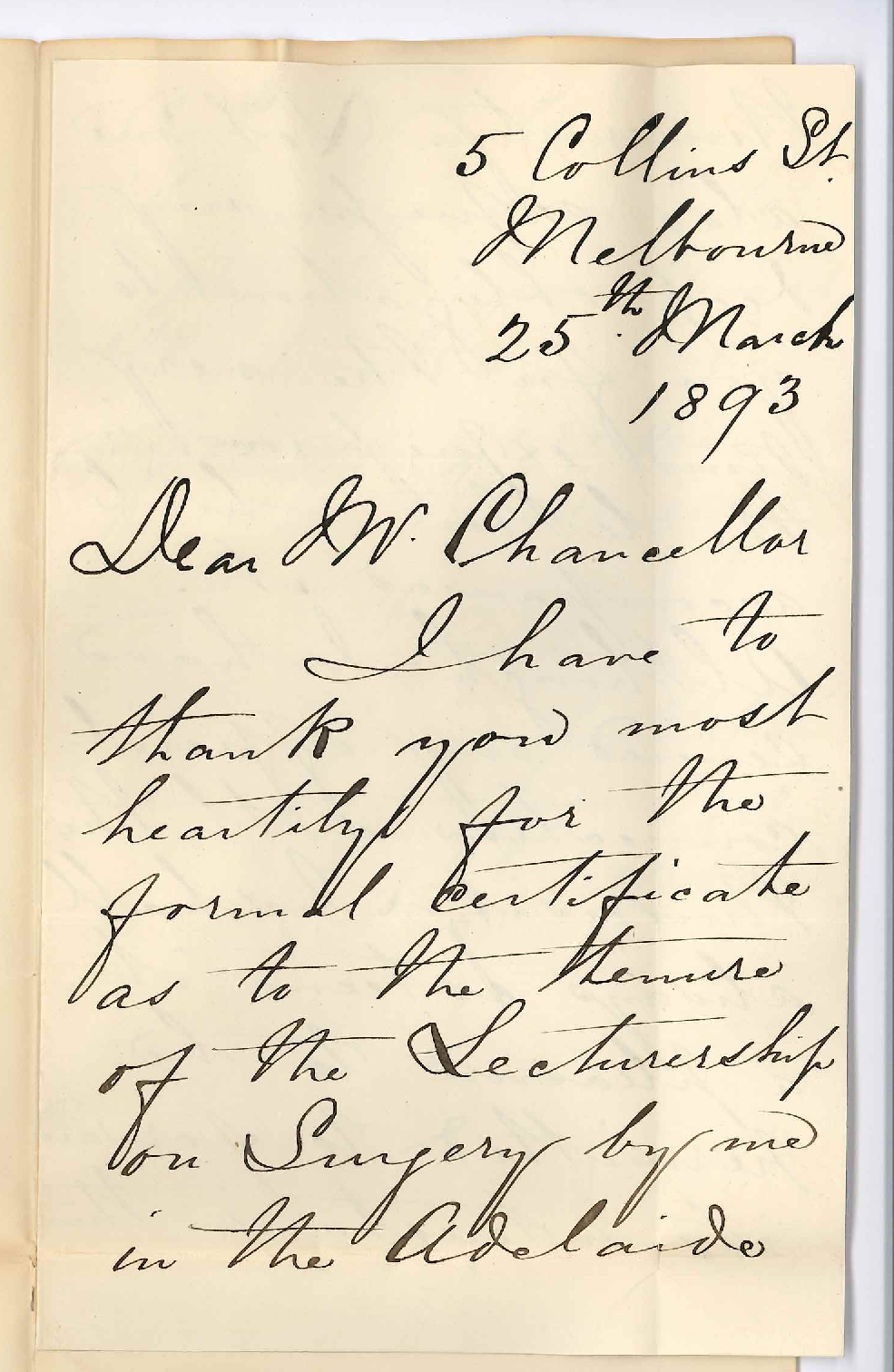 William Gardner - Collins Street Melbourne - To Chancellor - Thanks for Letter and Certificate