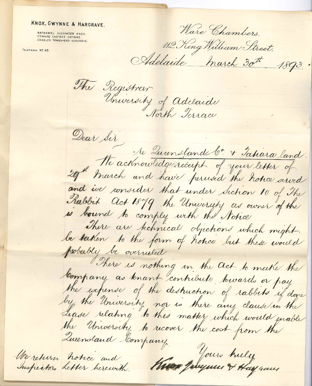 Knox Gwynne and Hargrave - King William Street - University Liable for the Destruction of Rabbits on Tatiara Land