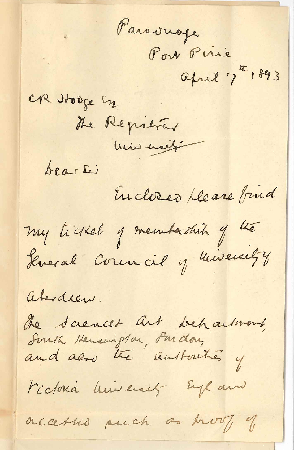 Reverend Leslie Durno - The Parsonage Port Pirie - Forwarding Proof of Having Taken MA Degree at the University of Aberdeen