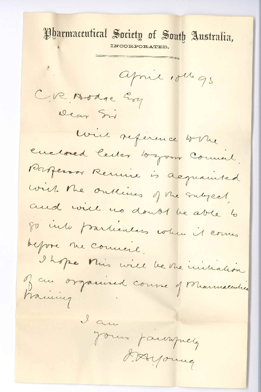 J H Young - Honorary Secretary - Pharmaceutical Society of South Australia - Adelaide - Requests Evening Class for Students Under the Auspices of the Pharmaceutical Society