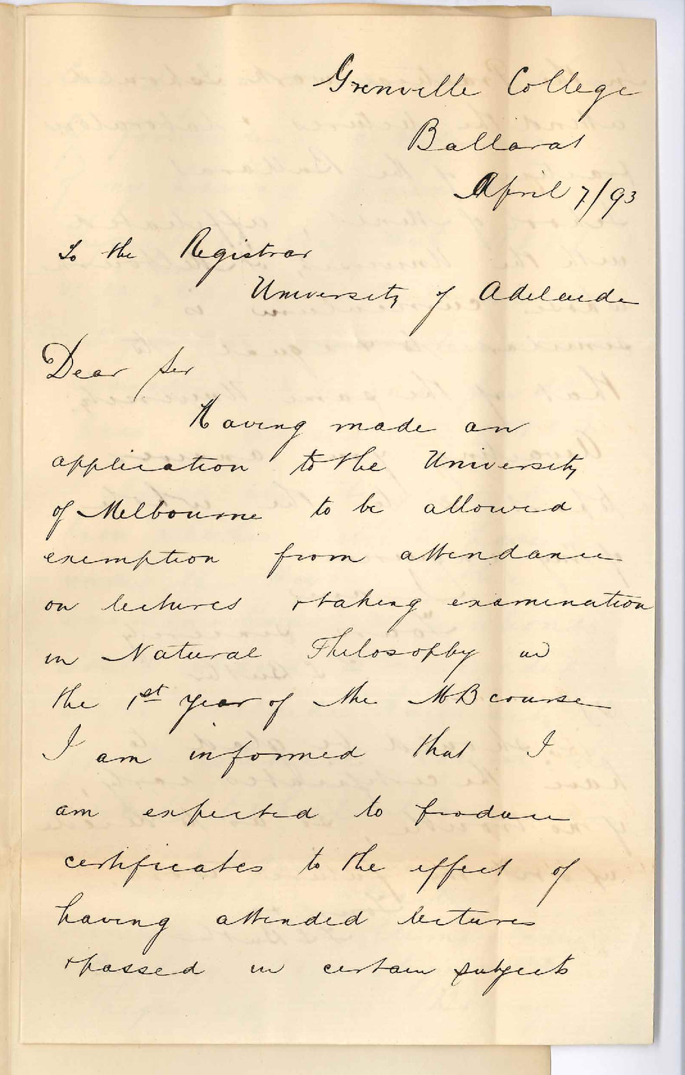 F S Butler - Grenville - College Ballarat - Requests Certificates etc