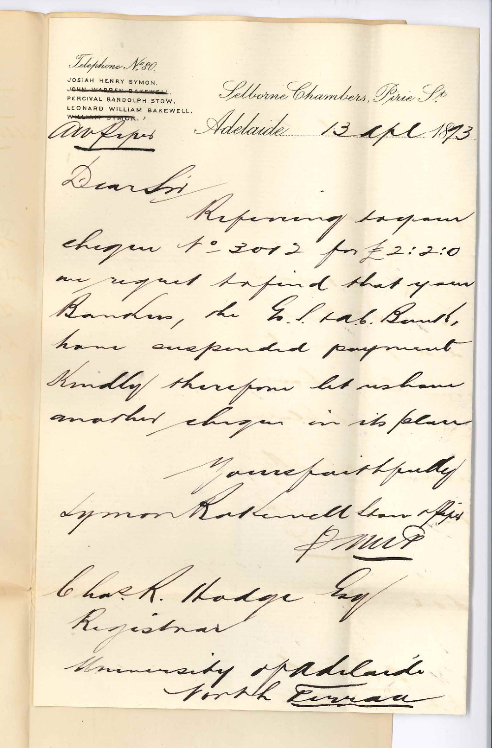 Symon Bakewell Stow and Piper - Selbourne Chambers - Pirie Street Adelaide - Regarding Cheque for &pound;2-2-0 on the English Scottish and Australian Chartered Bank