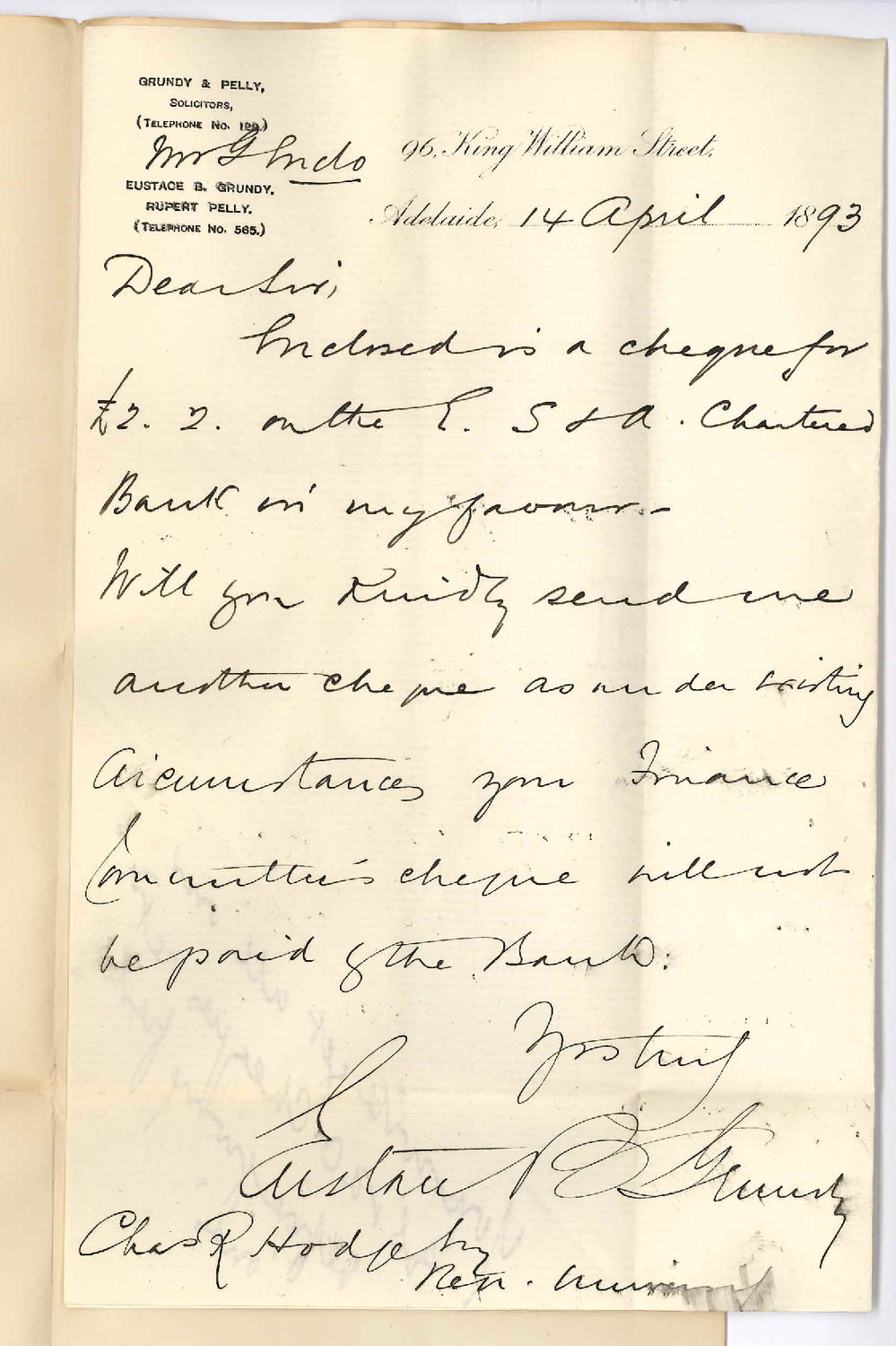 Eustace B Grundy - King William Street Adelaide - Regarding Cheque for &pound;2-2-0 on the English Scottish and Australian Chartered Bank