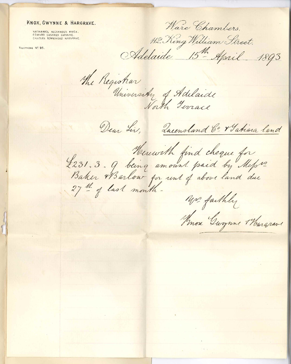 Knox Gwynne and Hargrave - King William Street Adelaide - Payment of Queensland Company's Rent by Baker and Barlow for Half Year Ending 27 March 1893