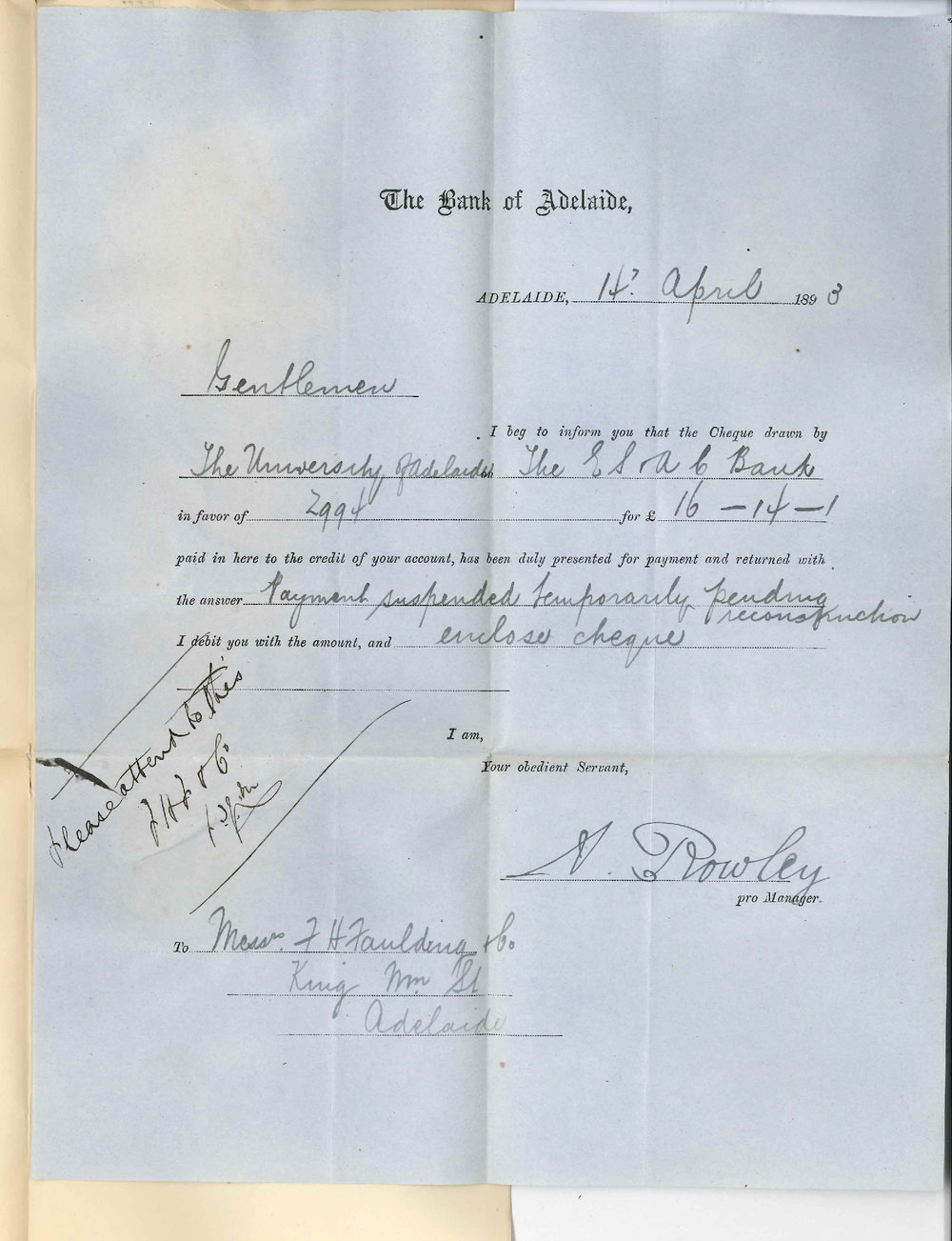 F H Faulding and Company - King William Street Adelaide - Regarding Cheque for &pound;16-14-1 on the English Scottish and Australian Chartered Bank