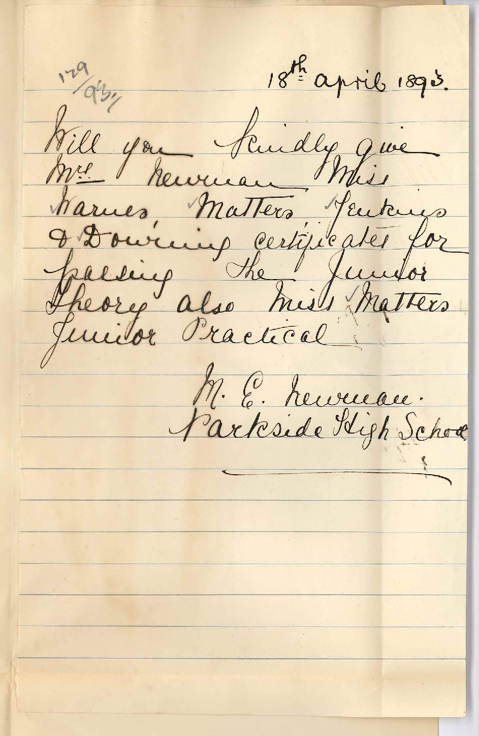 Miss Maude Evelyn Newman - Parkside High School - Requests Pupils Music Certificates