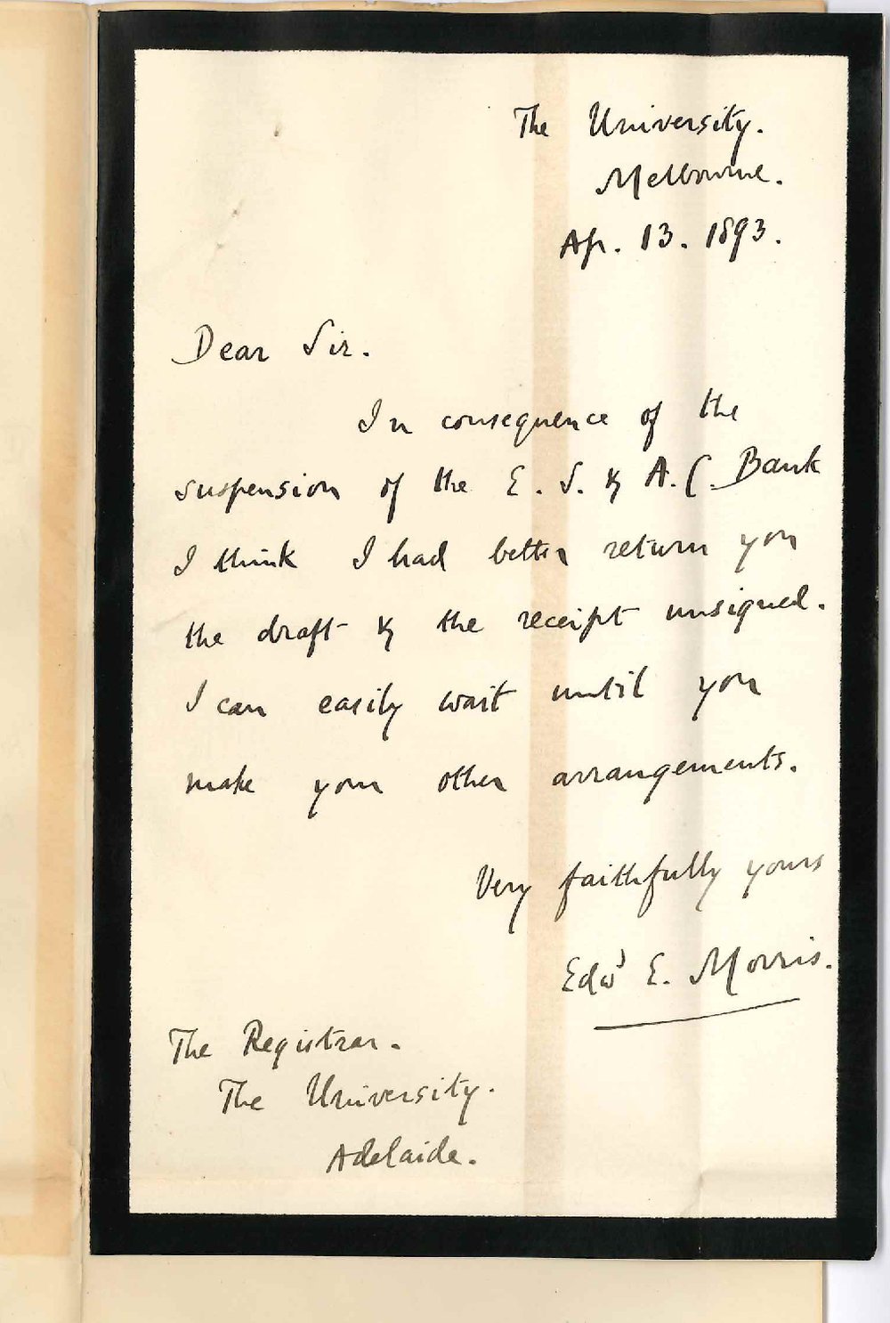 Professor Edward E Morris - The University Melbourne - Returns Draft for &pound;12-12-0 on English Scottish and Australian Chartered Bank