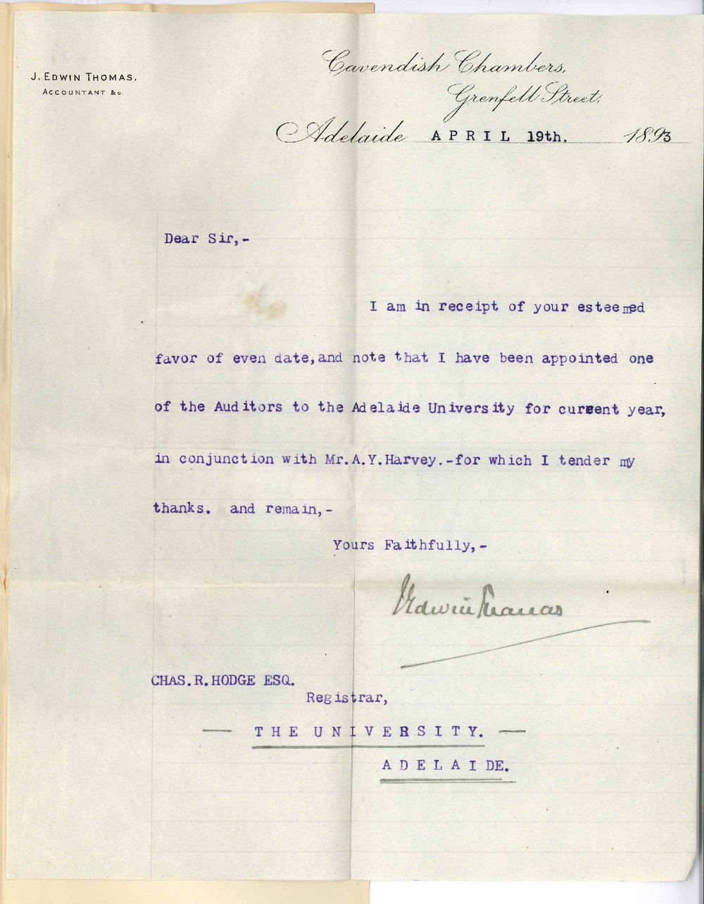 J Edwin Thomas - Cavendish Chambers - Grenfell Street Adelaide - Thanks Council for Electing him Auditor for 1893