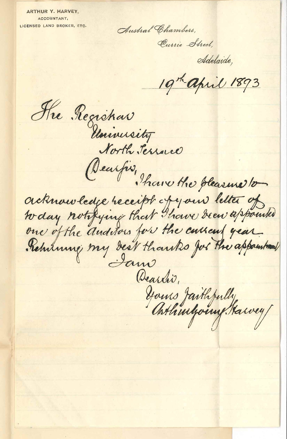 Arthur Young Harvey - Austral Chambers - Currie Street Adelaide - Thanks Council for Electing him Auditor for 1893