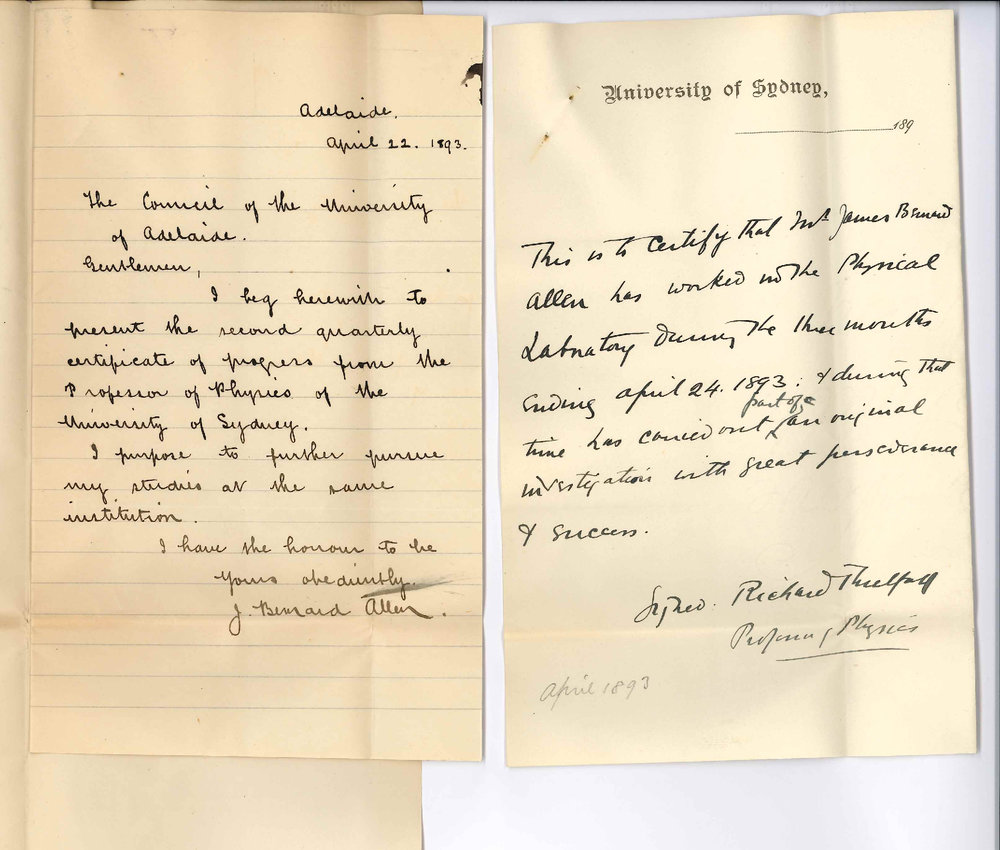 James Bernard Allen - Adelaide - Forwarding Second Quarterly Progress Certificate from Professor Threlfall of the Sydney University