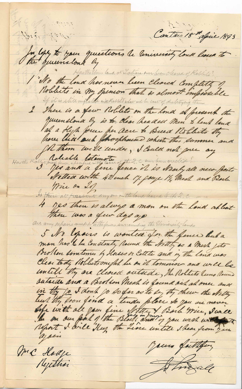 John Gall - Cantara - Forwarding Information Regarding Land Let to Queensland Company - Quantity of Rabbits on Same etc