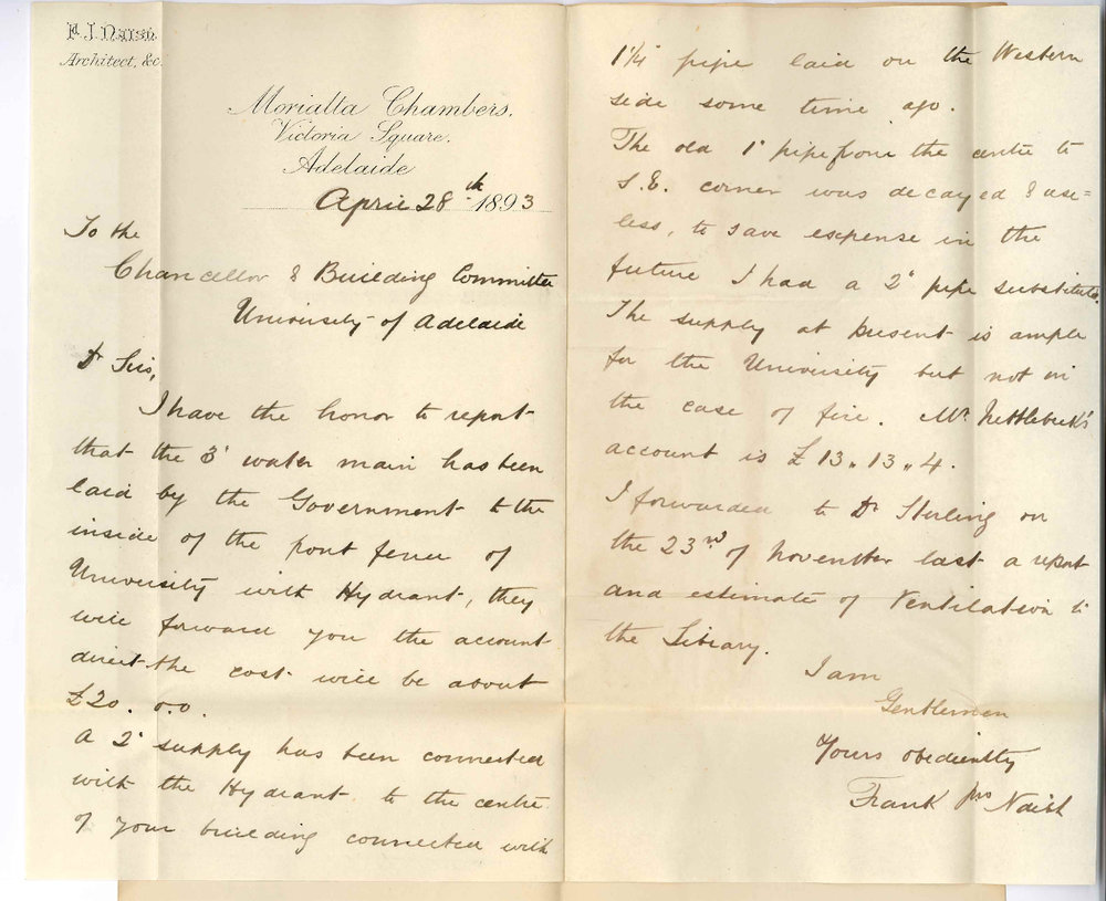 Frank John Naish - Morialta Chambers - Victoria Square Adelaide - Accounts for Water and Service etc and Stating Alterations Have Been Made