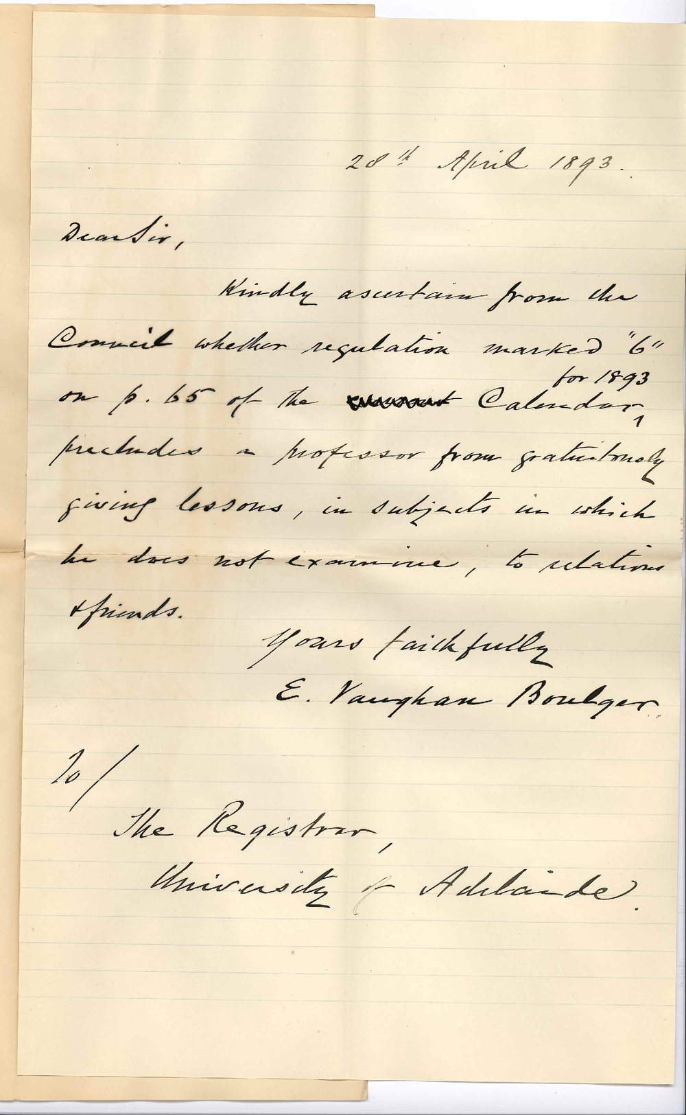 Professor Edward Vaughan Boulger - The University - Wishes to Know Whether Regulation VI Precludes Professors from Giving Gratuitous Instruction