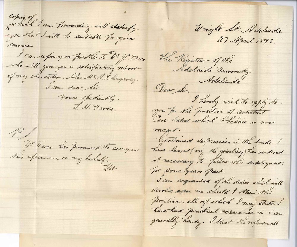 L H Verco - Wright Street Adelaide - Application for Position of Assistant Caretaker