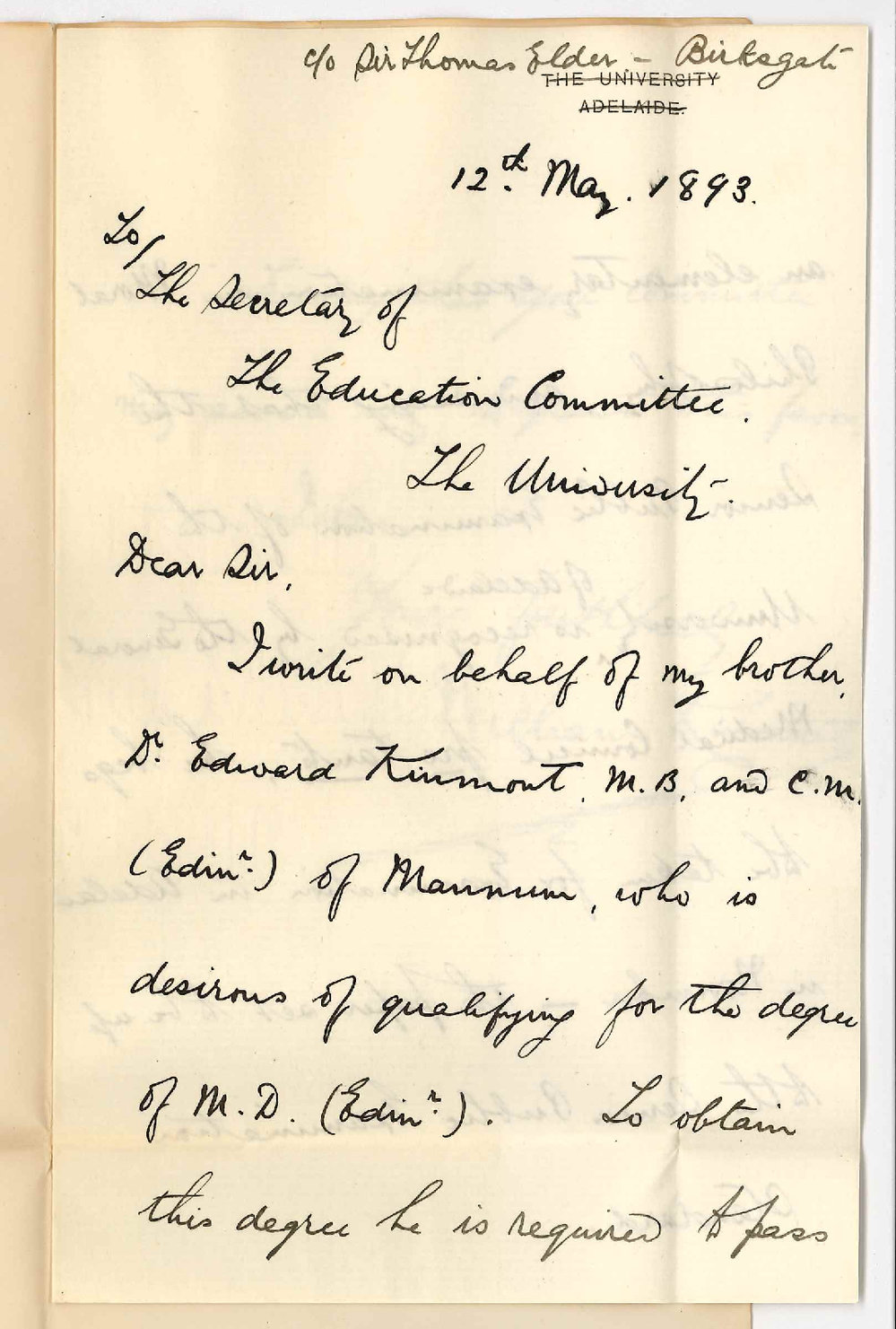 William Kinmont - c/o Sir Thomas Elder Birksgate - Wishes Mental and Moral Philosophy of the Senior Public Standard for His Brother Wishing to Take MD Degree Edinburgh