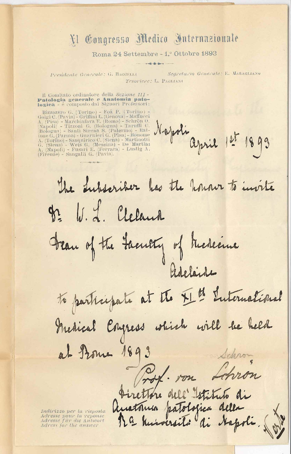 Professor von Schron - Rome - Inviting University to Send Delegate to International Medical Congress to be Held in Rome during September and October 1893