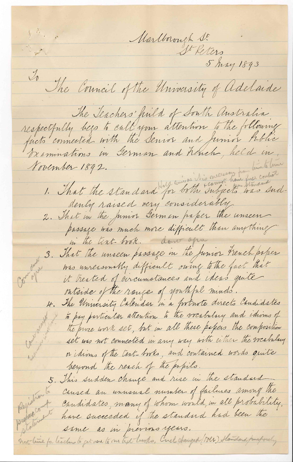 Joseph T Sunter - Honorary Secretary - Teachers Guild of South Australia - St Peters - Regarding French and German Junior and Senior Exams November 1892