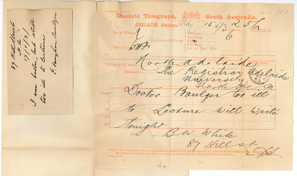 Professor Edward Vaughan Boulger - North Adelaide - Cannot Lecture Owing to Illness