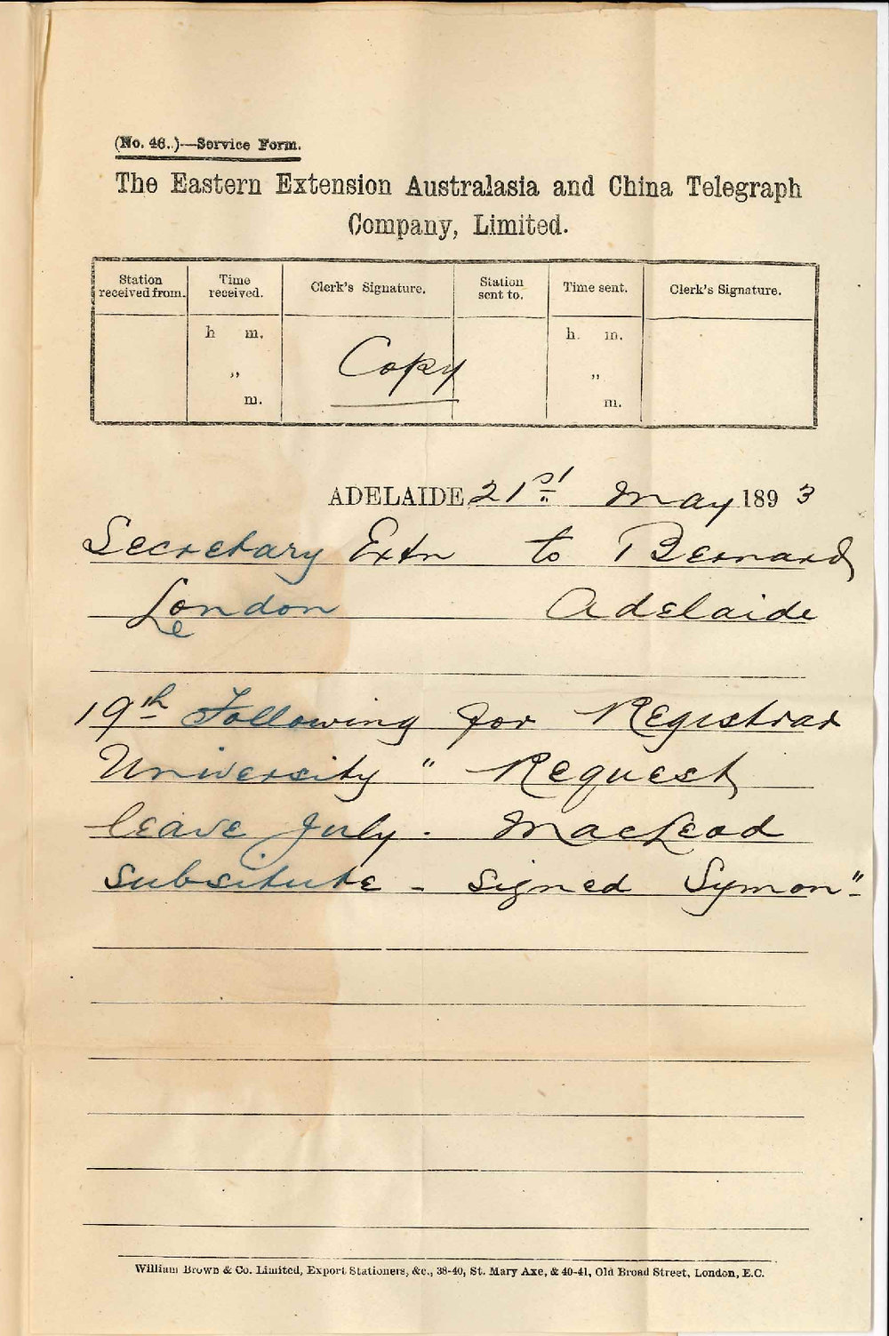 Mark Johnston Symons - Cablegram - London - Applies for Leave of Absence and Asks that Dr MacLeod Act as His Locum Tenens