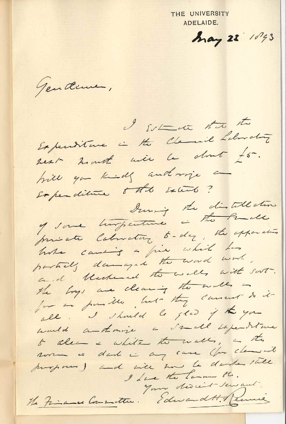 Professor Edward Henry Rennie - The University - Estimate Expenditure for June 1893 and Reports Small Fire in Laboratory Wishes Room to be Cleaned