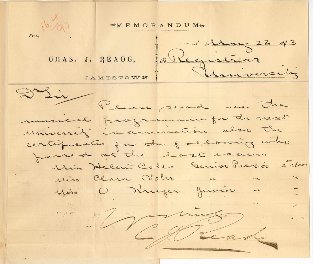 Charles J Reade - Jamestown - Requests Music Certificates and Regulations