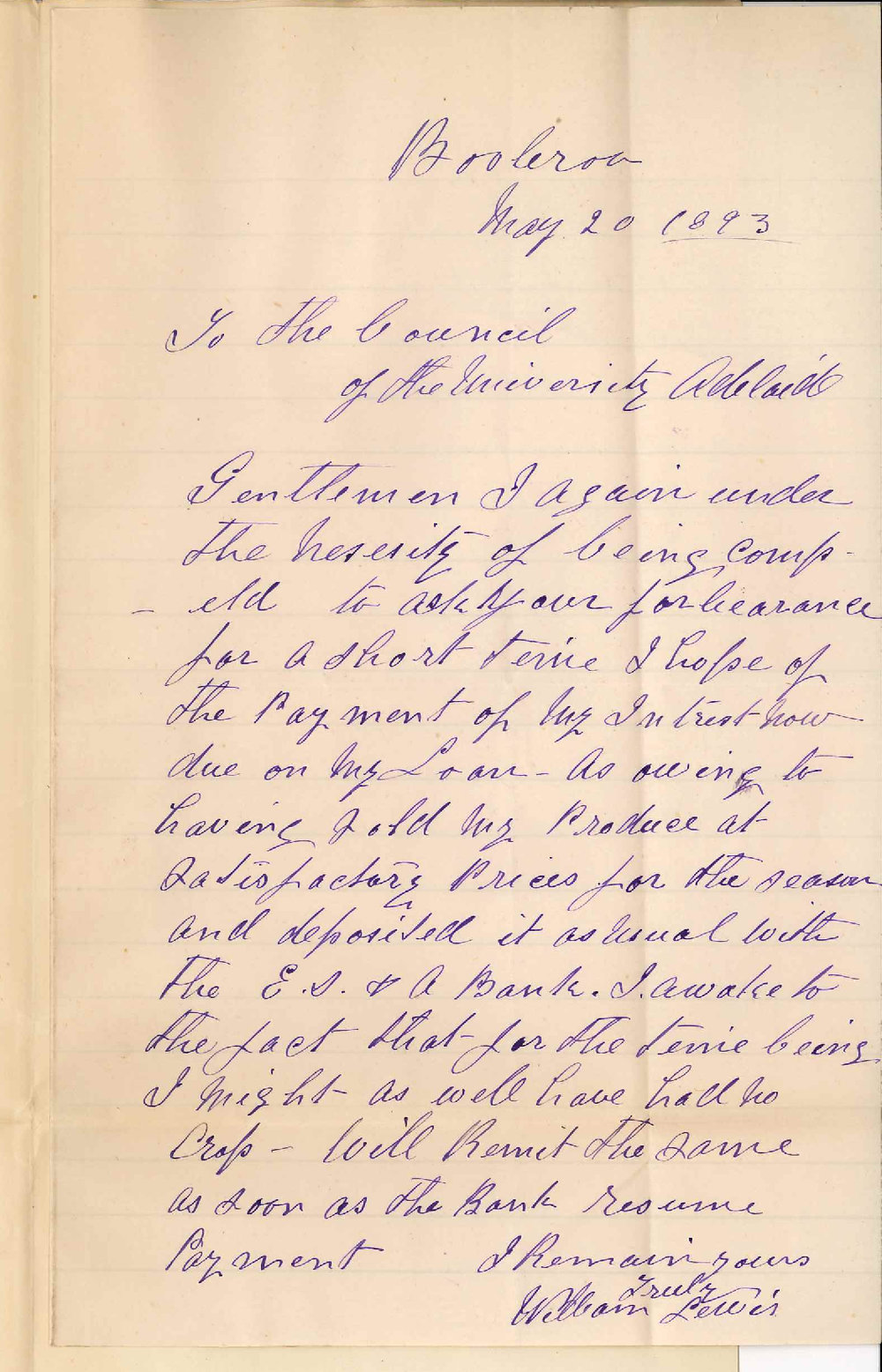 William Lewis - Booleroo - Requests Time for Payment of Interest