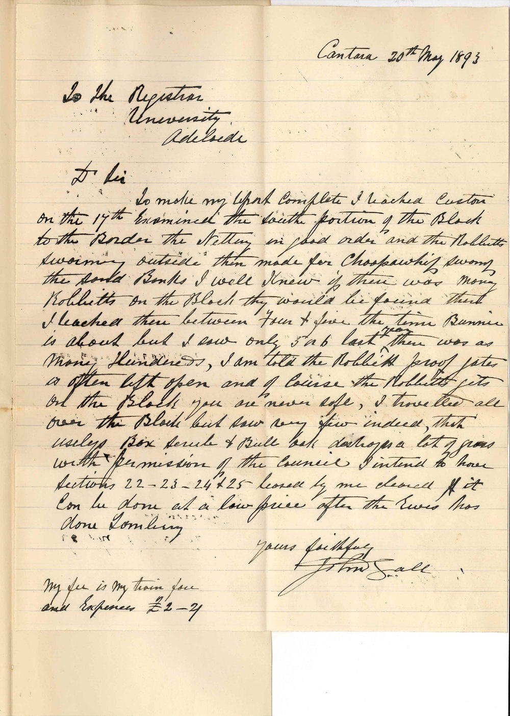 John Gall - Cantara - Further Report Regarding Rabbits on University Lands Let to Queensland Company