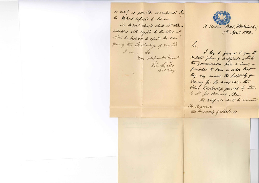 L C Sayles - Assistant Secretary - Royal Commissioners Exhibition 1851 - London - Forwarding Certificated to be Filled by Science Scholar so that Scholarship may be Renewed