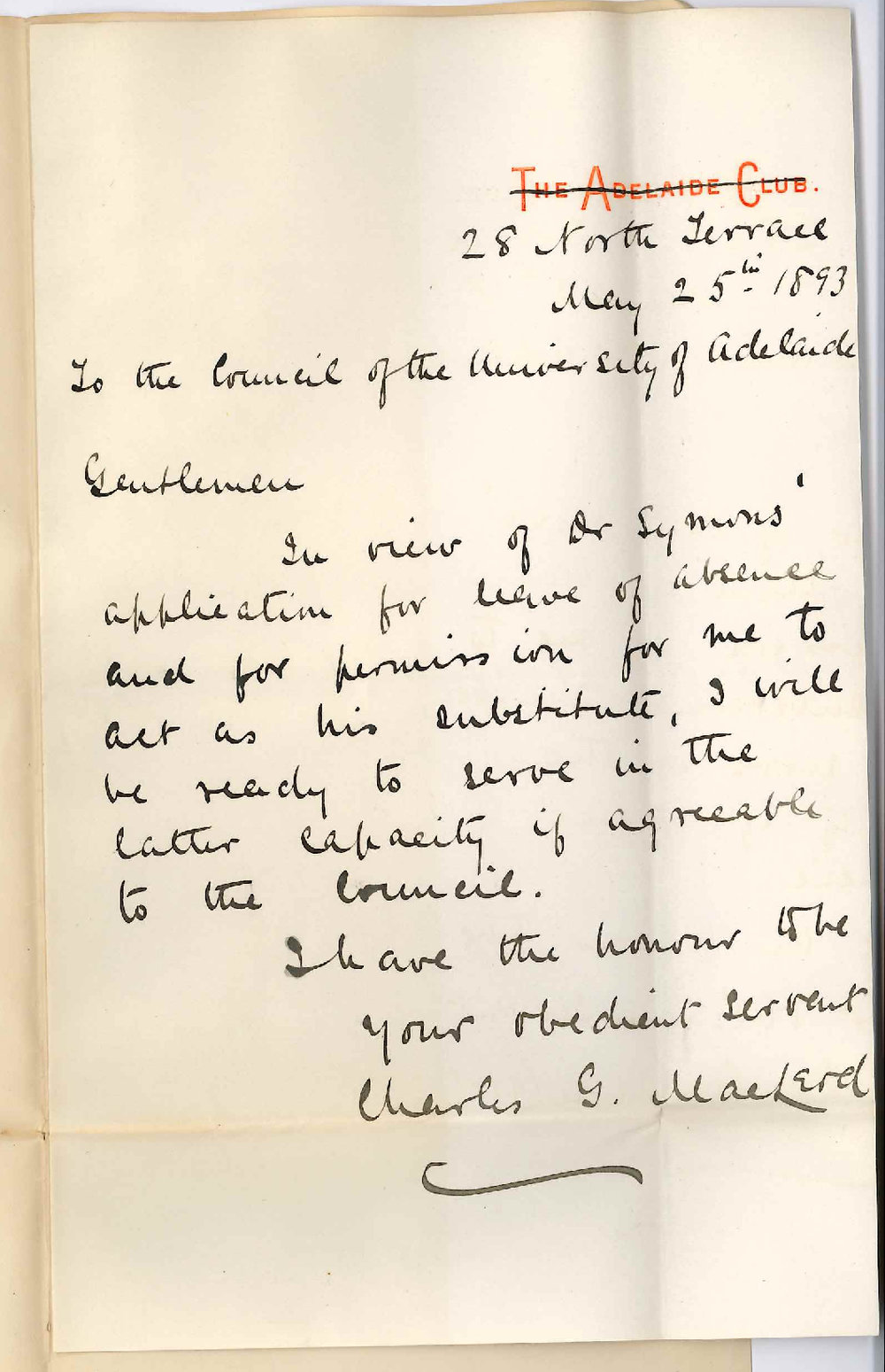 Charles G MacLeod - North Terrace Adelaide - Will Act as Dr Symons Substitute