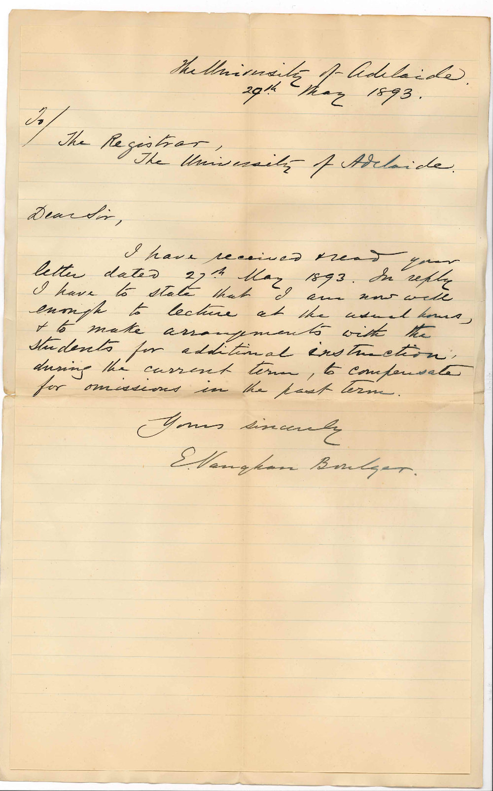 Professor Edward Vaughan Boulger - The University - Recovered Sufficiently to Resume Lectures