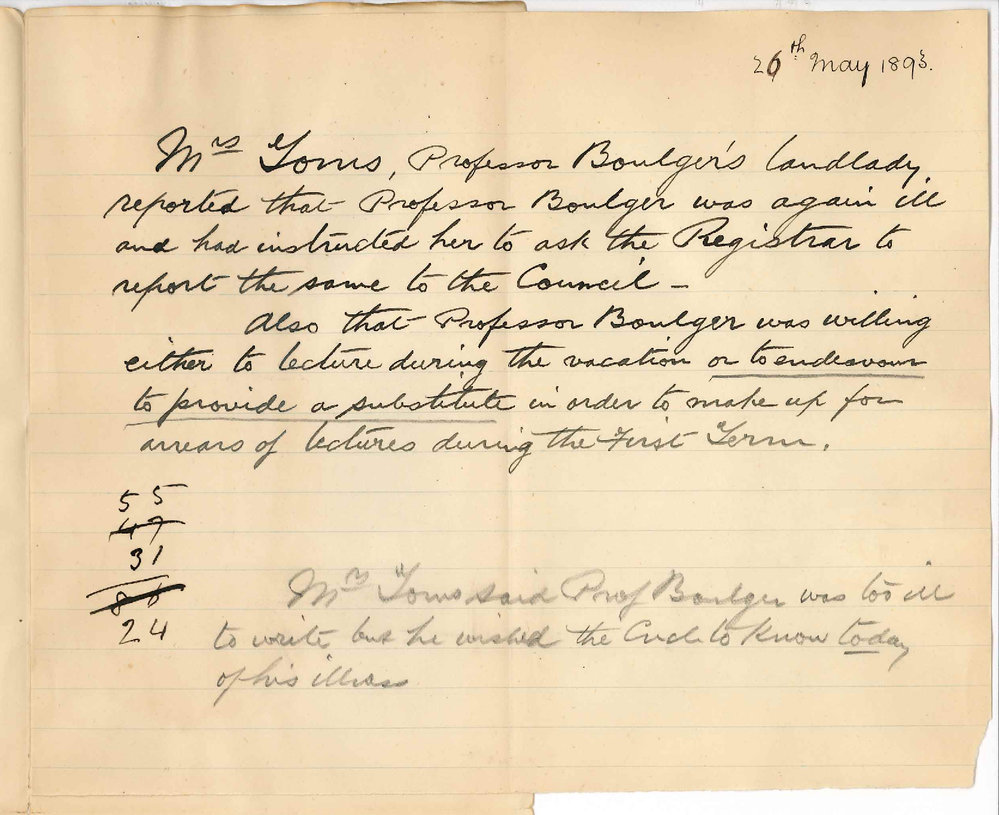 Professor Edward Vaughan Boulger - Mrs Toms Reports Again Ill and that Professor Boulger will make up Lectures or Find a Substitute