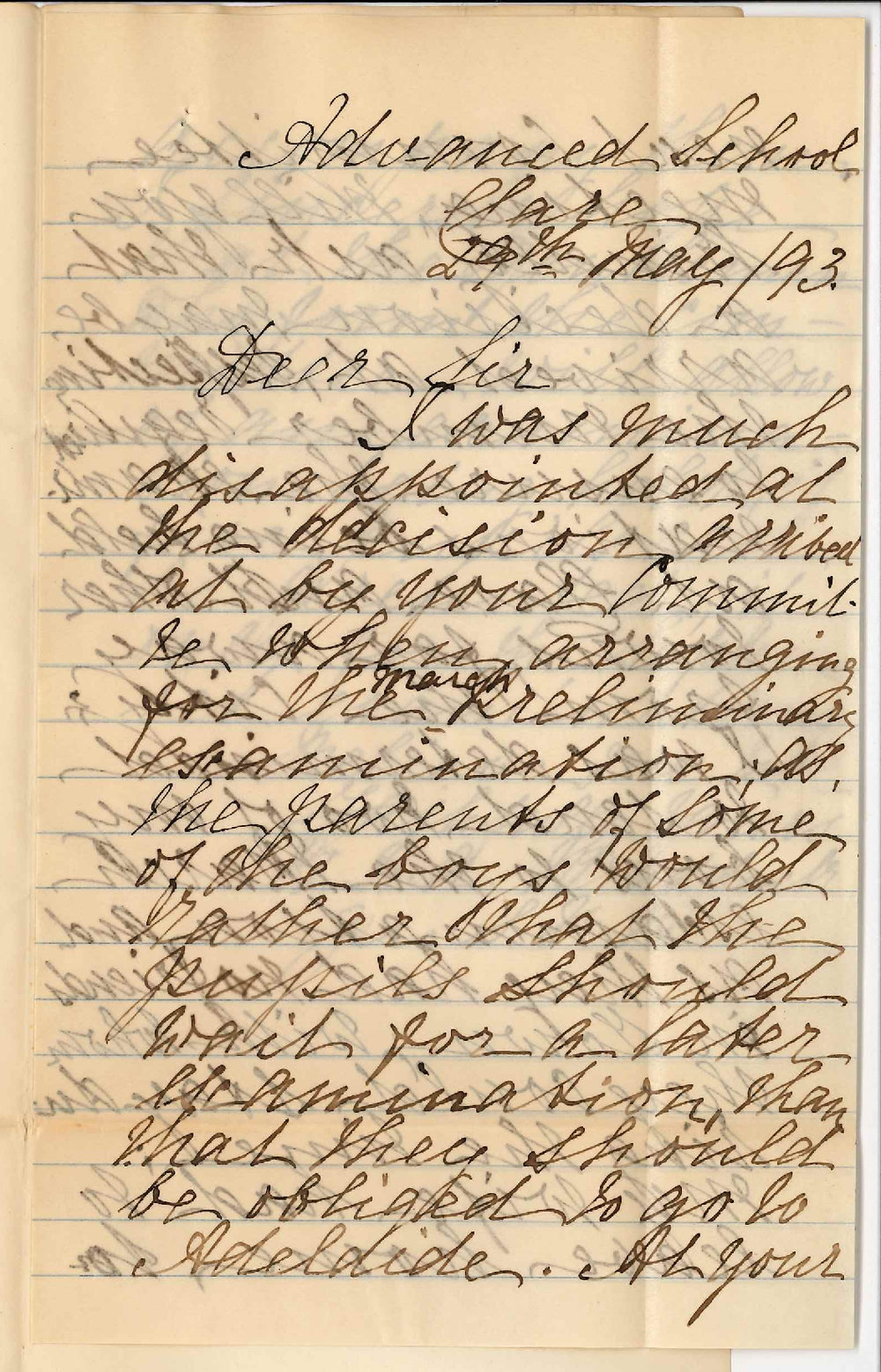 R H A Braddock - Advanced School Clare - Regarding Decision Not to Hold Preliminary Examination at Clare in March 1893