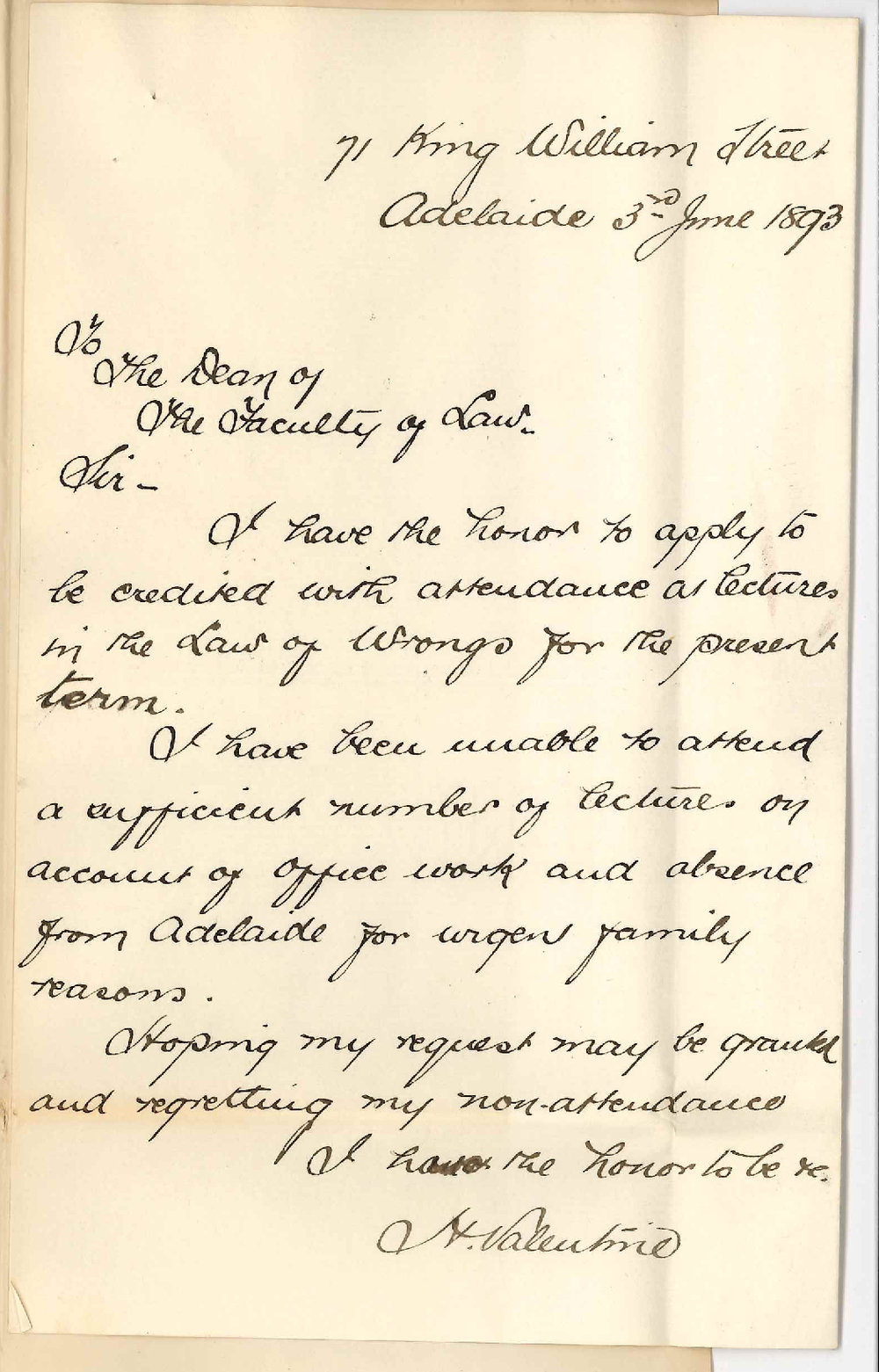 Harry Valentine - King William Street Adelaide - Credit for Attendance on the Law of Wrongs Lectures