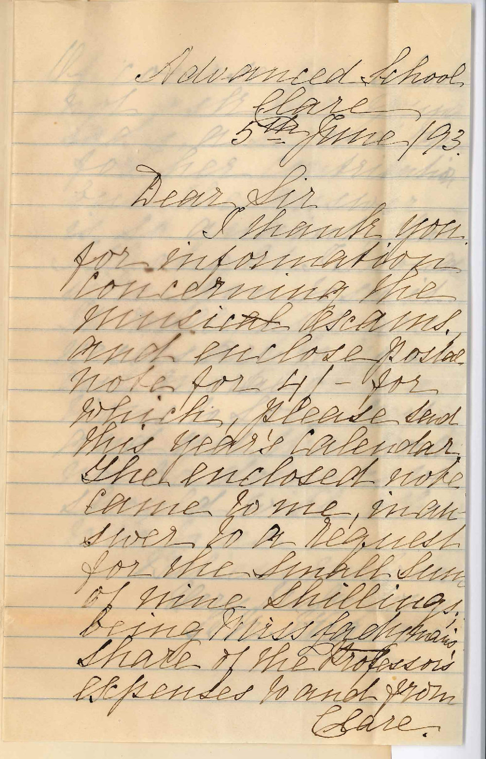 Mrs S R Braddock - Advanced School Clare - Thanks for Information Regarding Music Exams - Forwards Letter from Miss Ladyman Refusing to Pay Part Professors Expenses