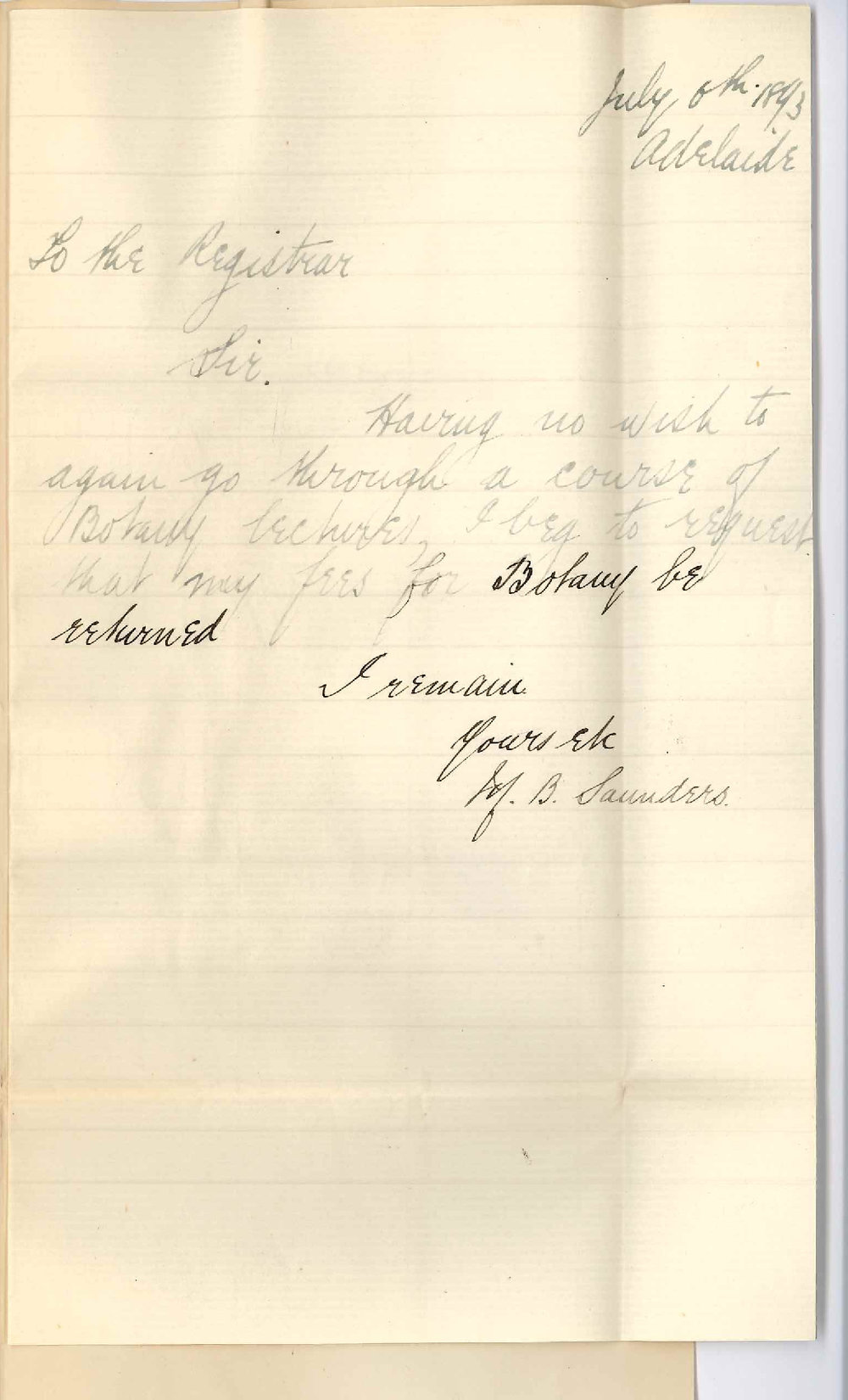 Moses Brandon Saunders - Adelaide - Requests Fee for Botany be Returned