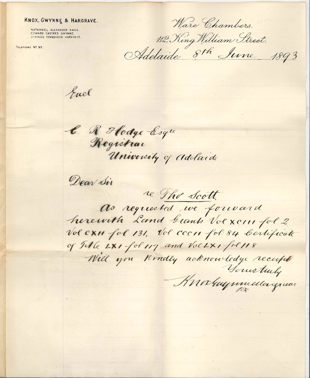 Knox Gwynne and Hargrave - King William Street Adelaide - Land Grants etc of Thomas Scott