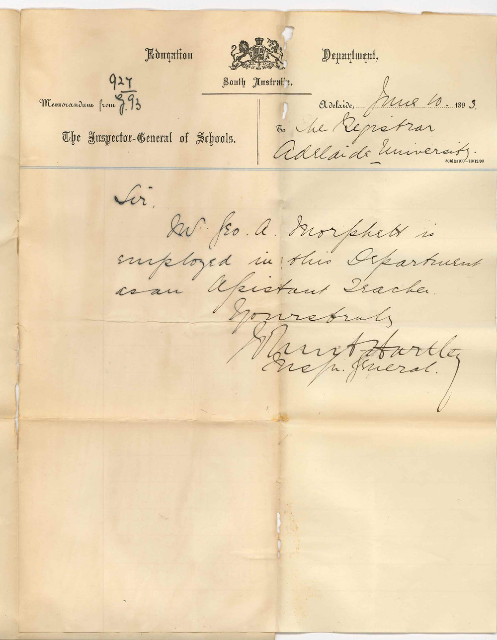 John Anderson Hartley - The Inspector General of Schools - Certificate for Reduction of Fee to Teacher Mr W G A Morphett