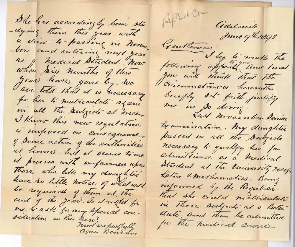 Agnes Benham - Adelaide - Senior Public Examination and New Regulation of General Medical Council
