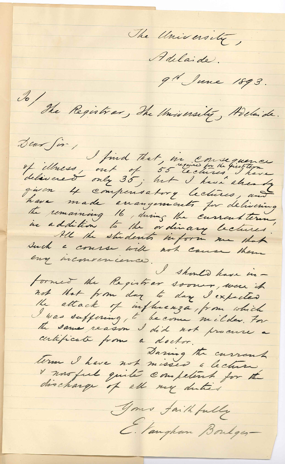 Professor Edward Vaughan Boulger - The University - Regarding Arrears of Lectures and Illness
