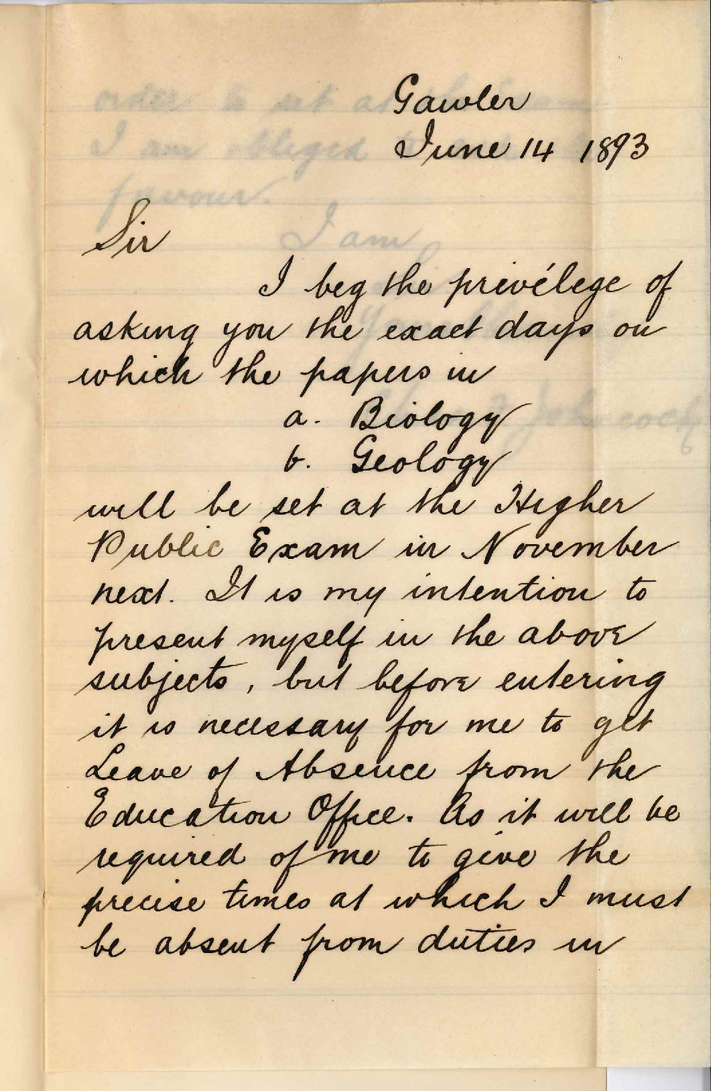 Charles F Johncock - Gawler - Timetable for Higher Public Examination