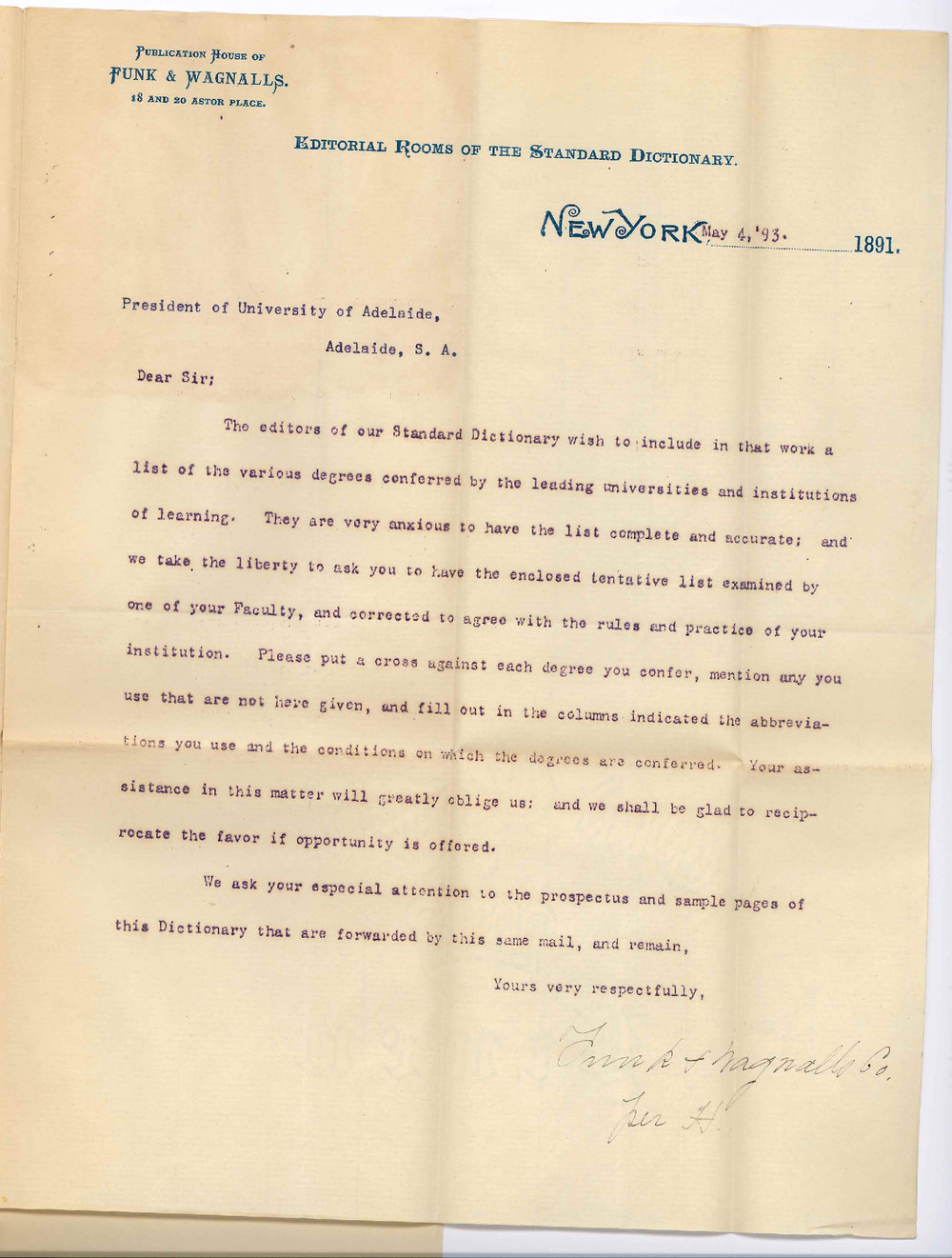 Funk and Wagnall - New York US - Information Concerning Degrees of the University of Adelaide
