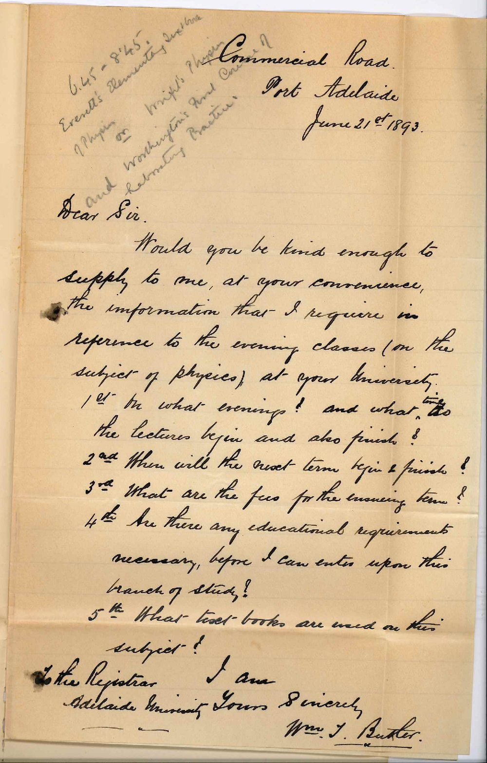 Mr William T Butler - Commercial Road Port Adelaide - Information Regarding Evening Classes