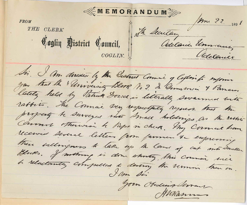 H W Rasmus - Clerk - Coglin District Council - Rabbits on University Land at Parnaroo