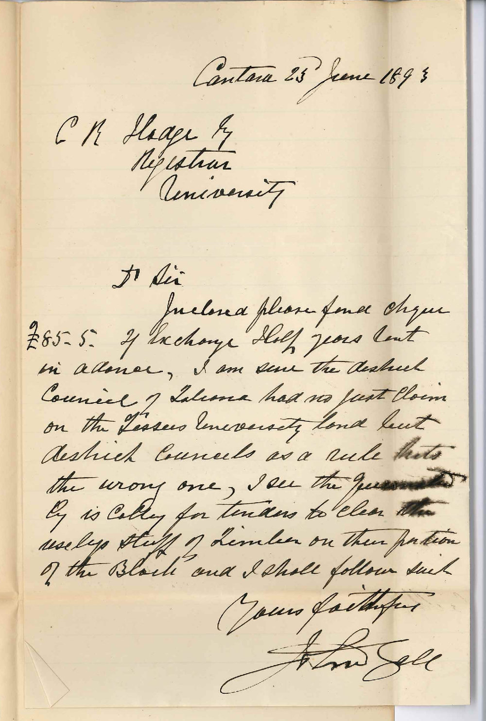 John Gall - Cantara - Cheque for Half Years Rent