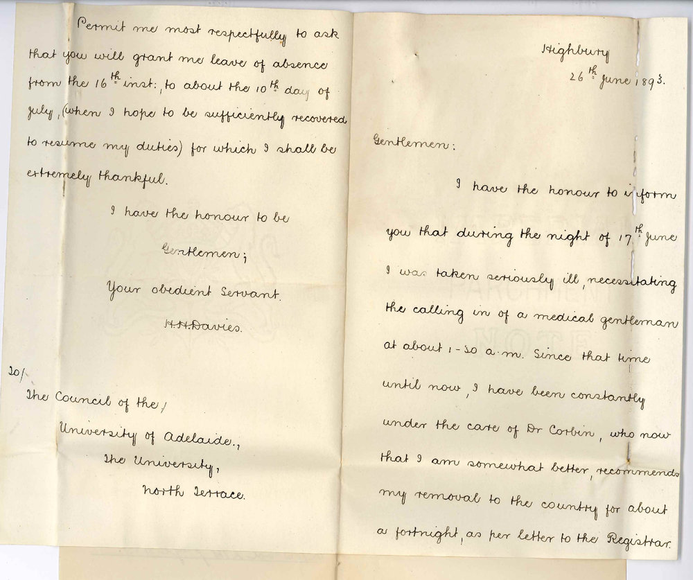 Herbert Henry Davies - Highbury - Asking for Leave of Absence Due to Illness