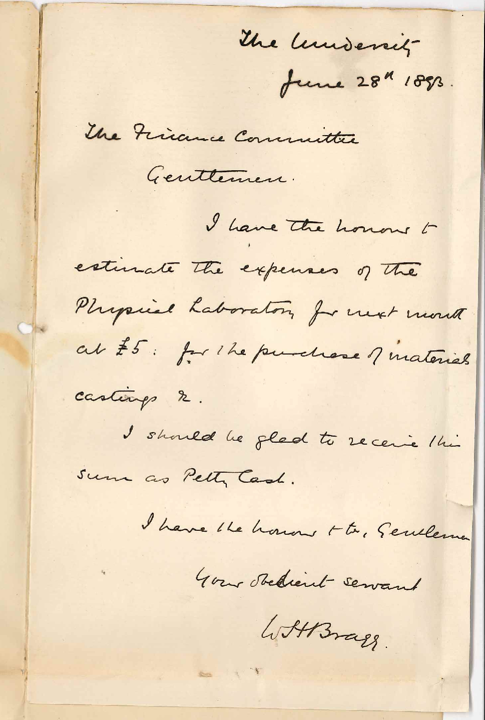 Professor William Henry Bragg - University - Grant of &pound;5 for Physical Laboratory