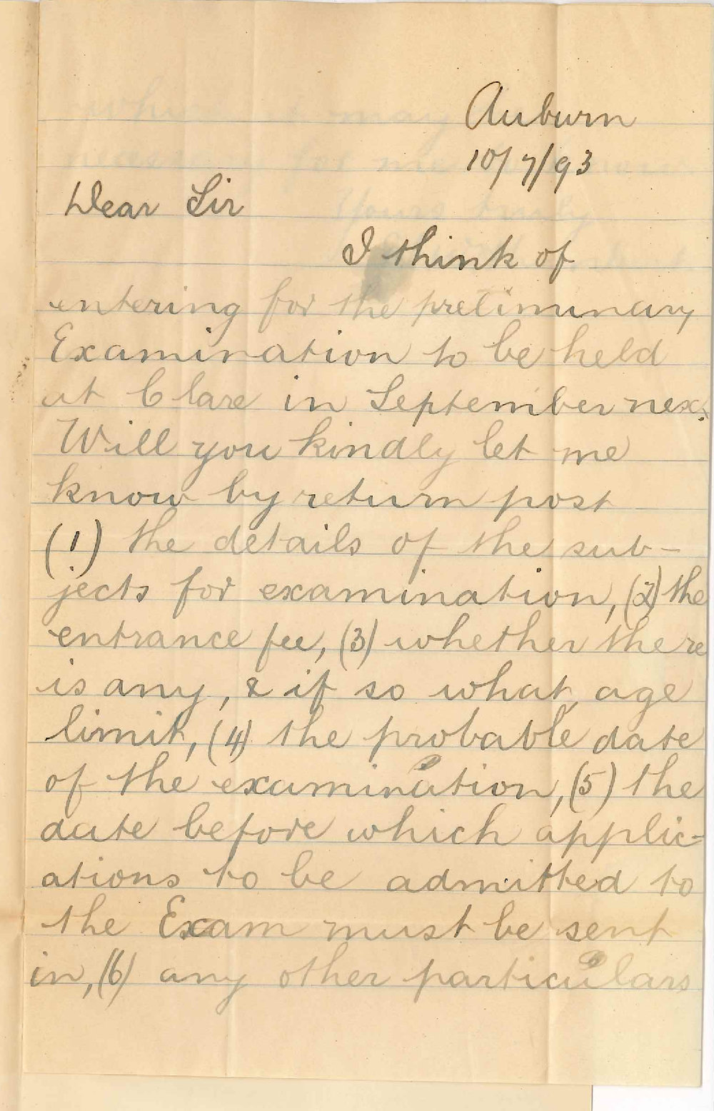 Mr E C W H Limbert - Auburn - Particulars Regarding Preliminary Examination at Clare in September