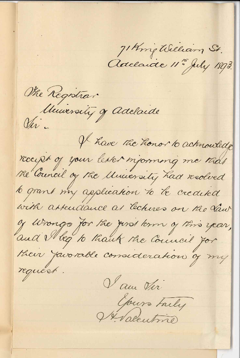 Harry Valentine - King William Street Adelaide - Thanks Credit for Attendance of Lectures