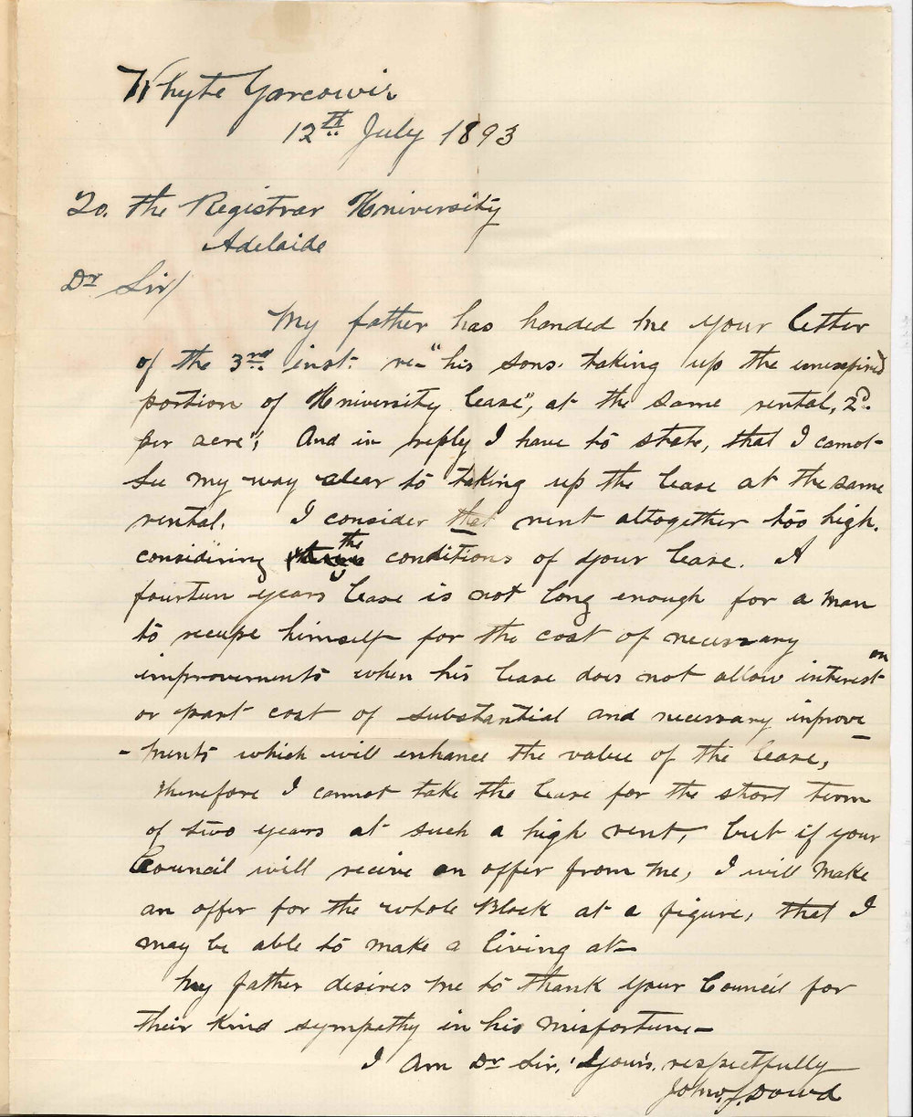 John J Dowd - Whyte Yarcowie - Regarding Lease of Unexpired Portion of Lease of Land at Parnaroo